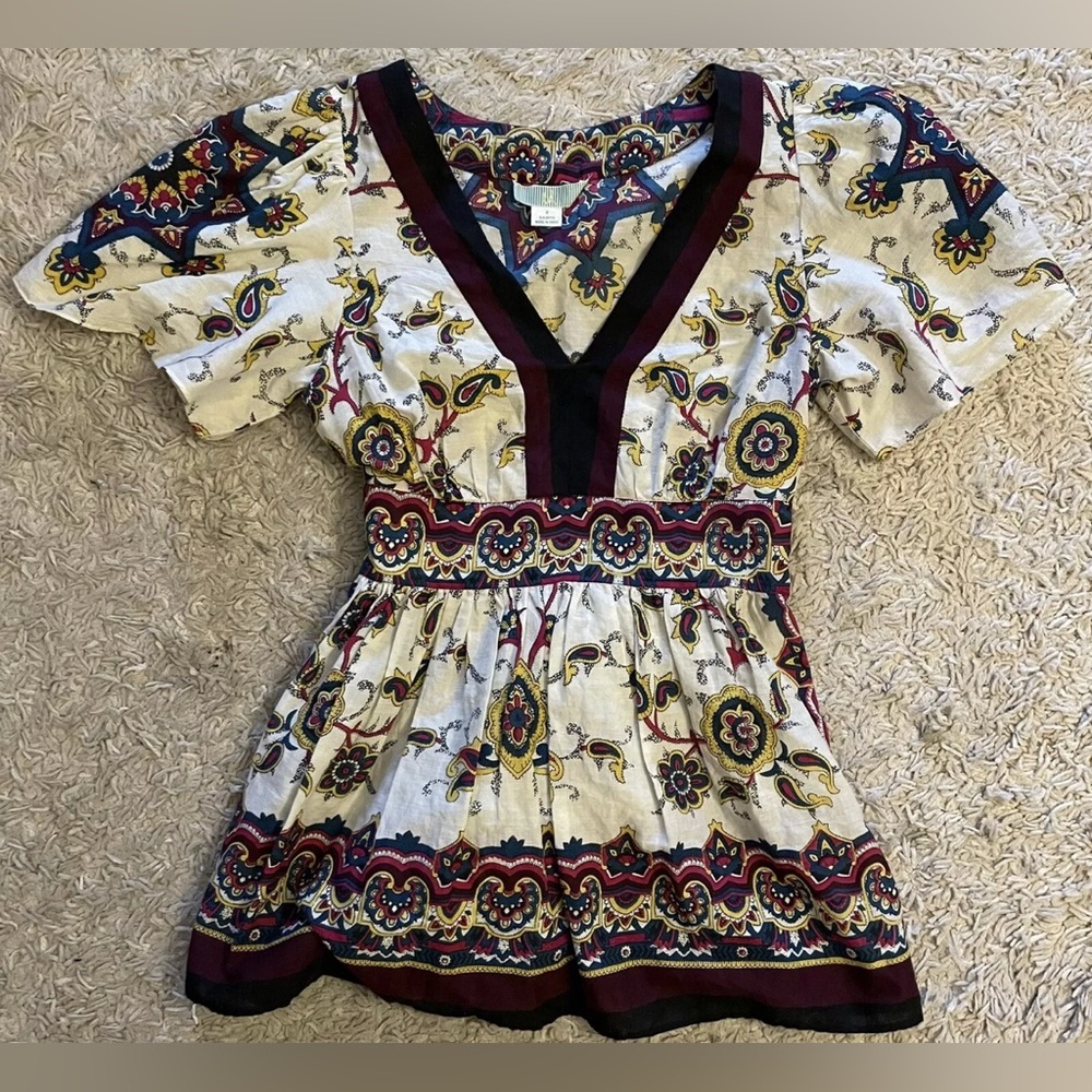LIL ivory black burgundy short sleeve v neck shirt top blouse 0